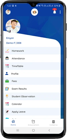 560 Guru parent app showing homework, attendance, timetable, fees, exam results and leave options