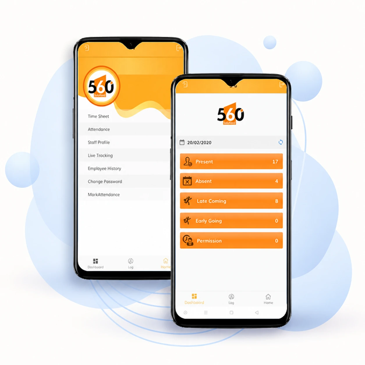 Existing 560 HRMS admin mobile app showing staff tools and an attendance summary