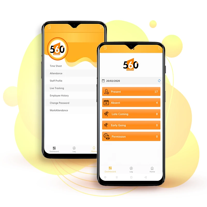 Existing 560 HRMS mobile screens showing attendance and employee navigation